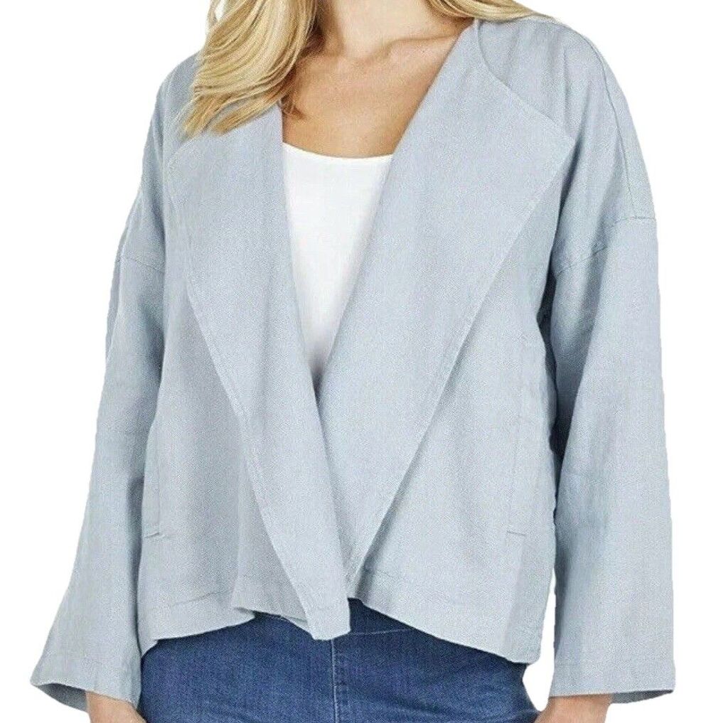 Eileen Fisher Organic Linen Open Drape Front Jacket Cardigan Light Blue Medium